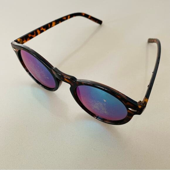 Round Black Brown Tan Tortoiseshell Plastic Blue Mirror Lens Sunglasses Sunnies main image 5